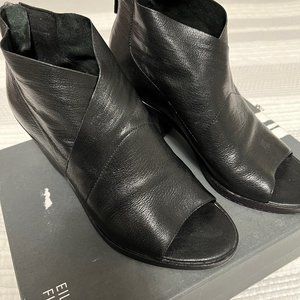 Eileen Fisher Black Leather Bandage Peep-toe Bootie Staked Chunky Block Heel